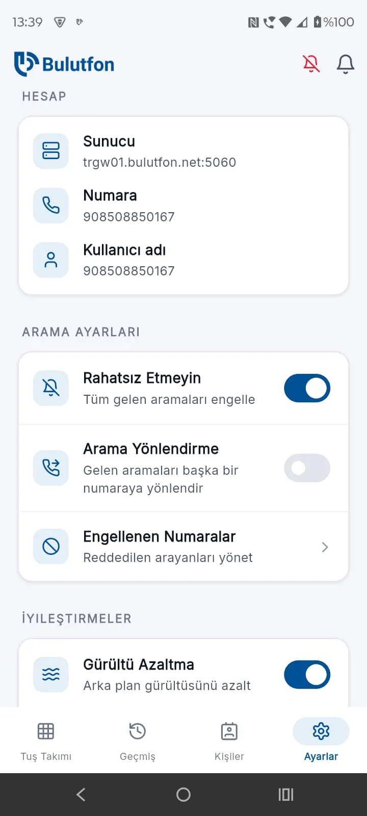 Bulutfon Plus ayarlar ekranı — hesap bilgileri, Rahatsız Etmeyin, arama yönlendirme, engellenen numaralar ve gürültü azaltma