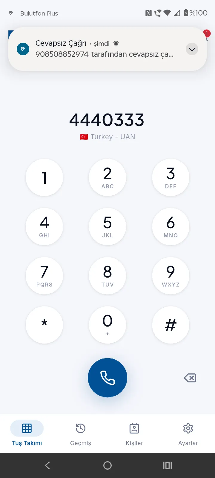 Bulutfon Plus tuş takımı — numara çevirme ekranı ve gelen cevapsız çağrı bildirimi