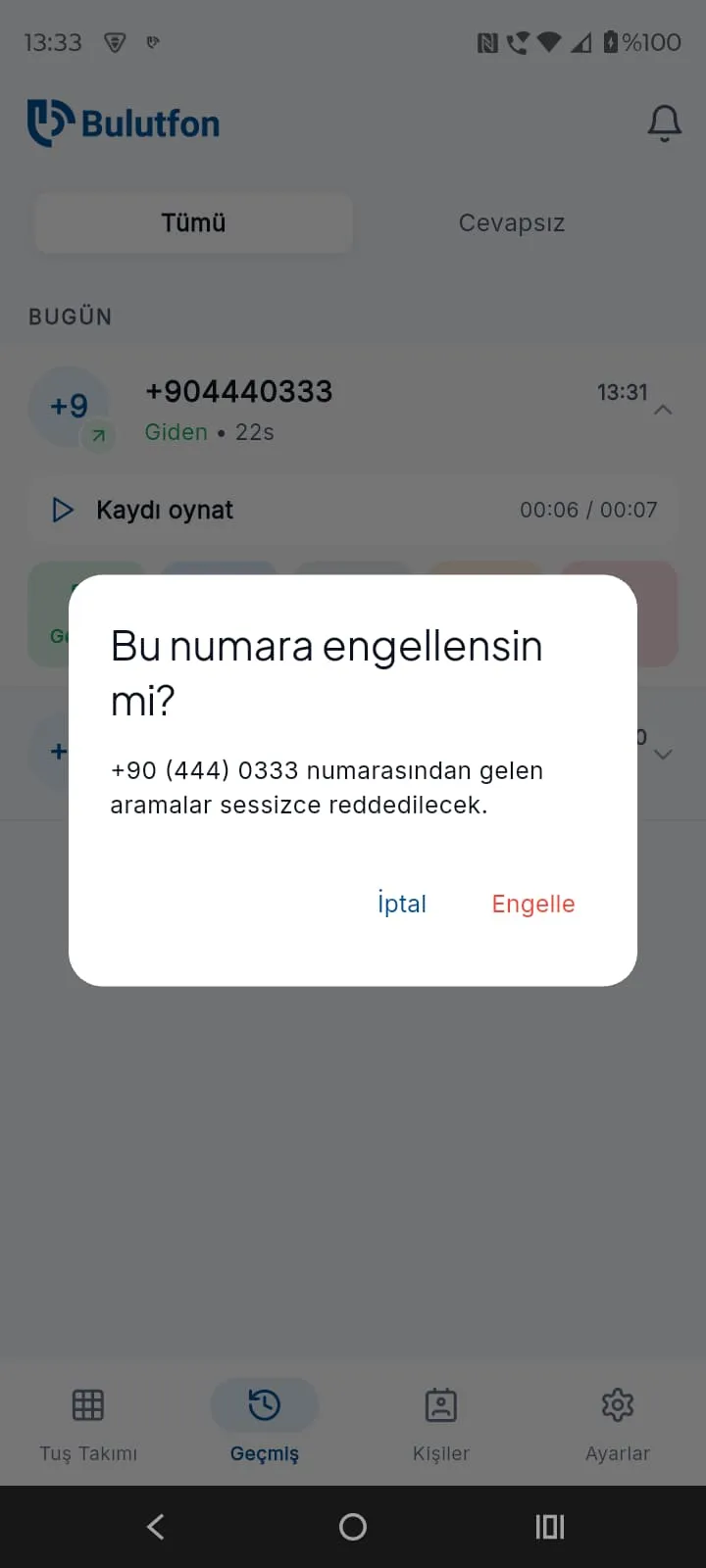 Bulutfon Plus numara engelleme onayı — seçilen numaradan gelen aramalar sessizce reddedilecek