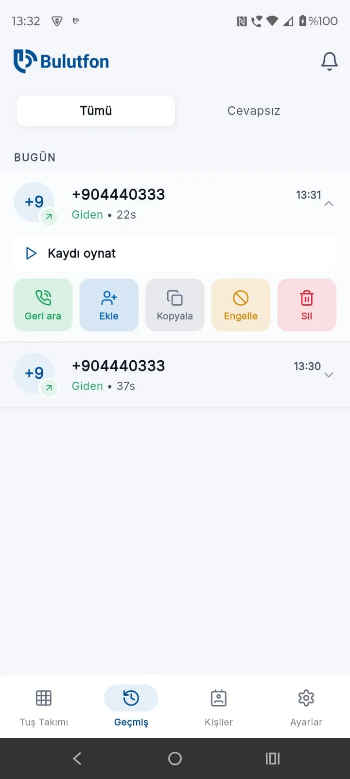 Bulutfon Plus çağrı geçmişi — kaydı oynat seçeneği ve geri ara, ekle, kopyala, engelle, sil işlem butonları