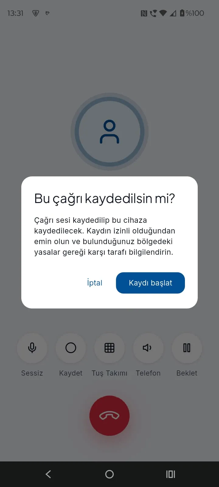 Bulutfon Plus çağrı kaydetme onay diyaloğu — izin ve yasal uyarı bilgisi