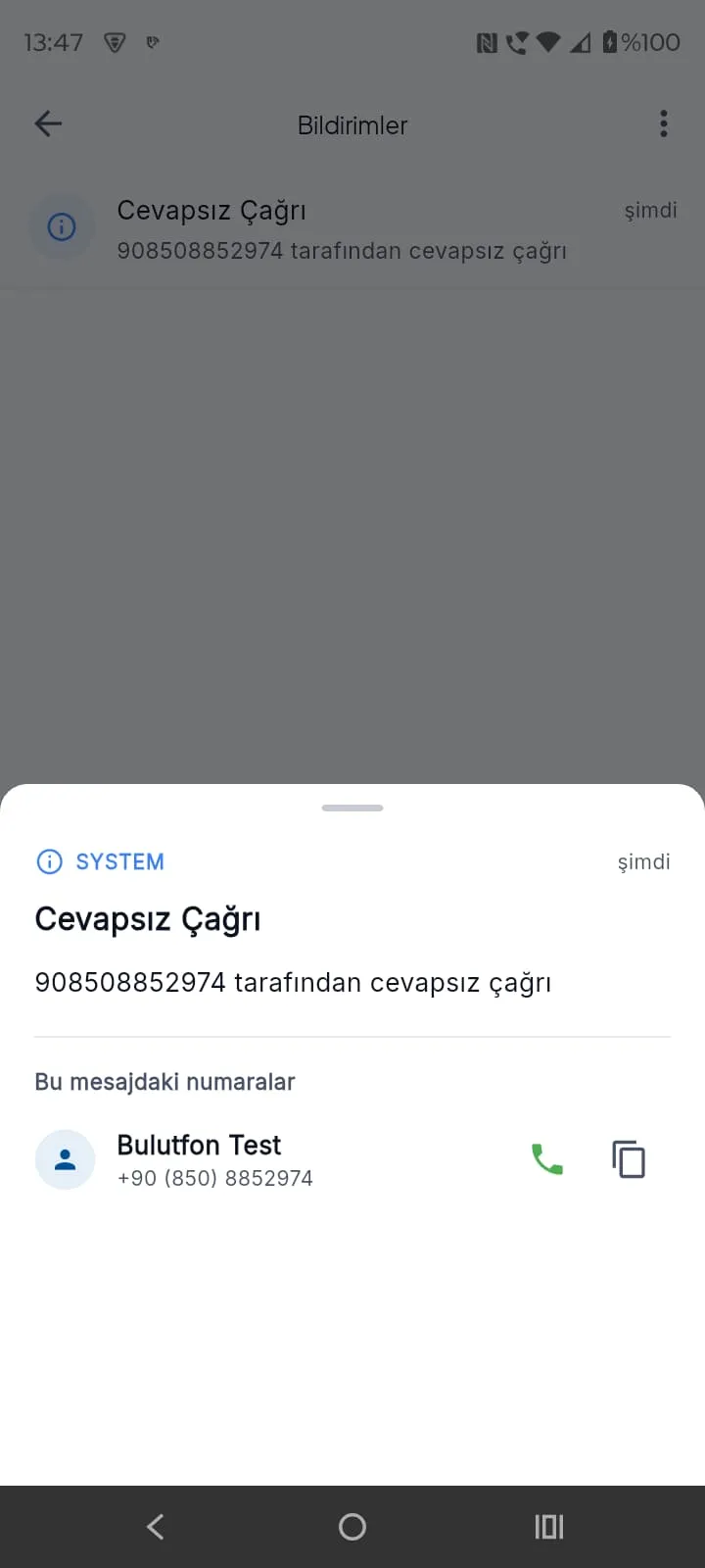 Bulutfon Plus cevapsız çağrı bildirimi — bildirimden tıklanabilir geri arama numarası