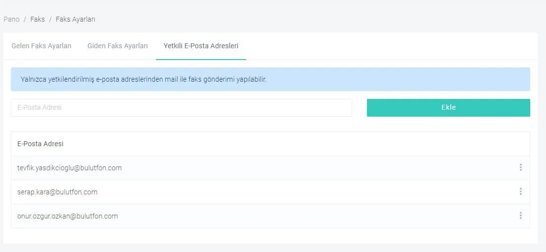 Faks e-posta yetkilendirme ekranı