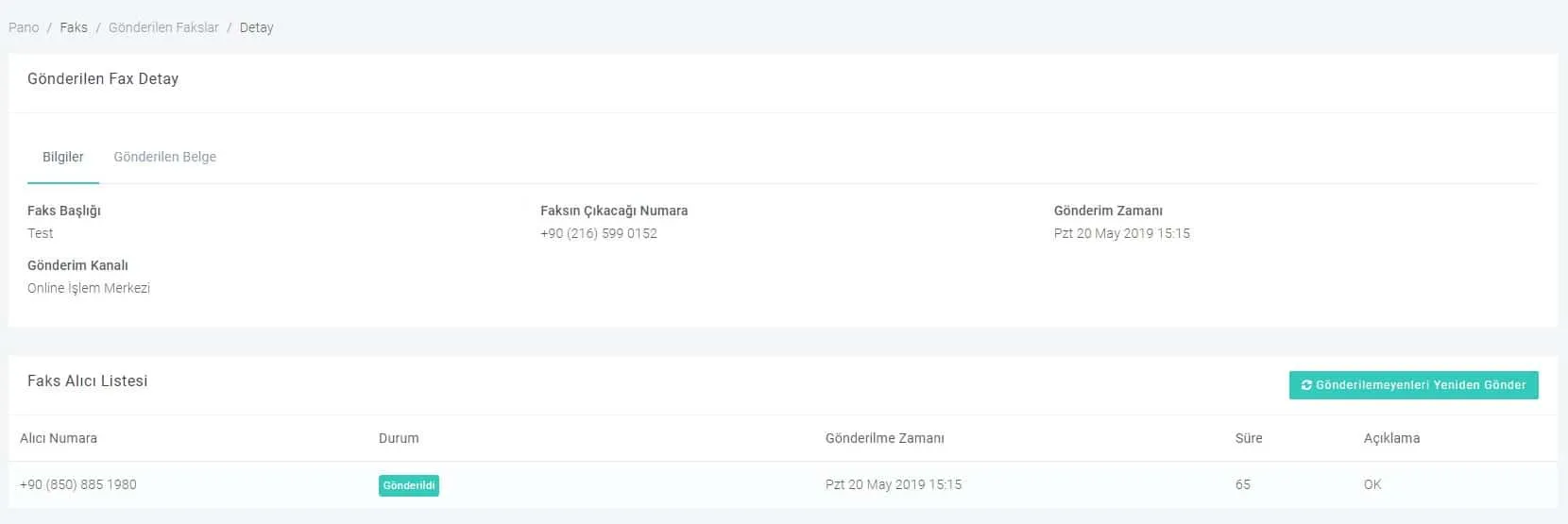 Bulutfon giden faks raporu detay ekranı