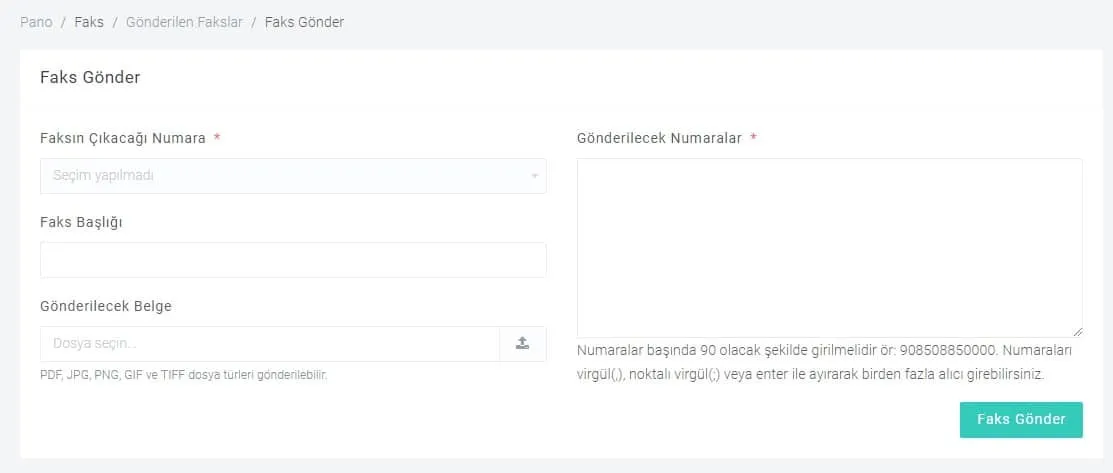 Bulutfon panel üzerinden faks gönderme ekranı
