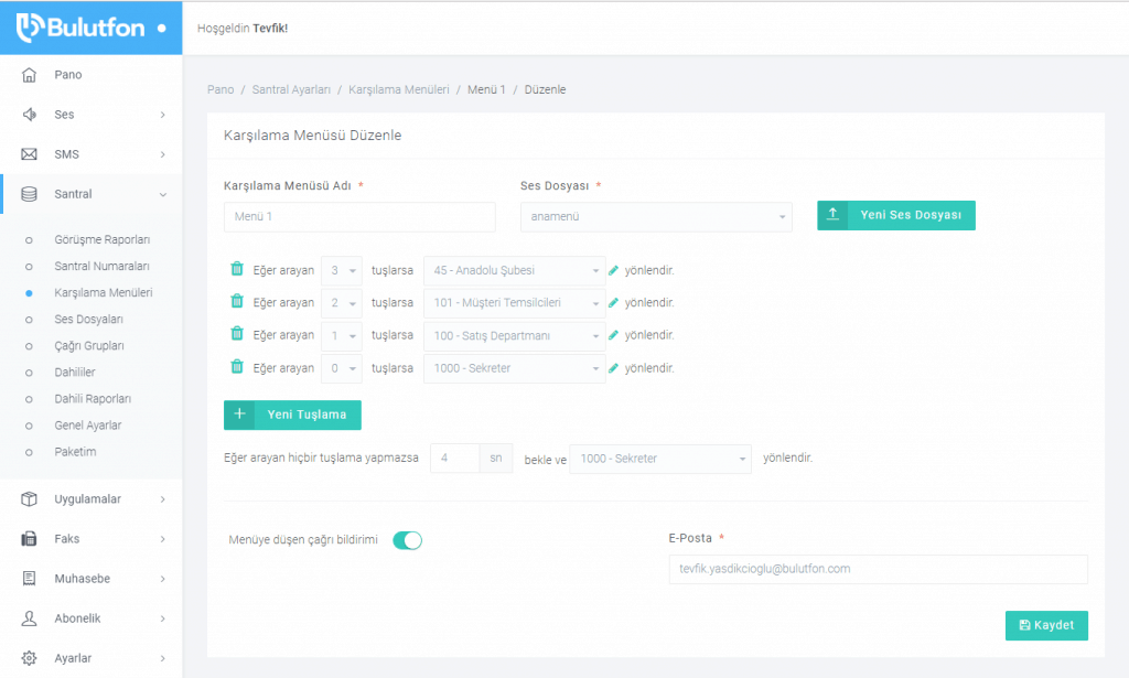 Sanal santral karşılama menüsü ekran görüntüsü